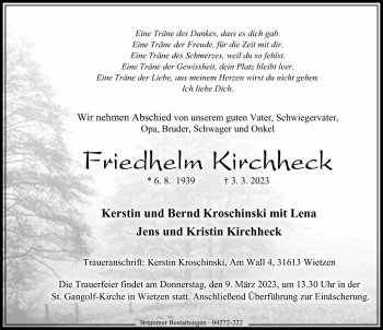 Traueranzeige von Friedhelm Kirchheck von Die Harke