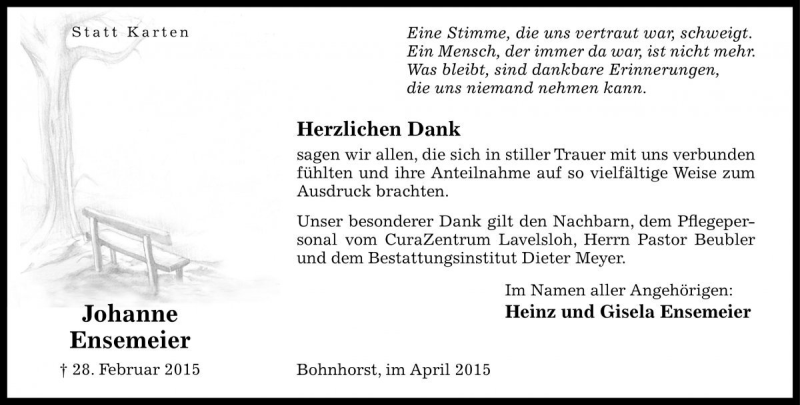  Traueranzeige für Johanne Ensemeier vom 11.04.2015 aus Die Harke