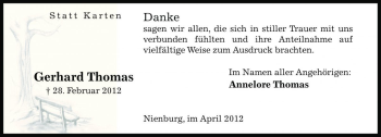 Traueranzeige von Gerhard Thomas von Die Harke