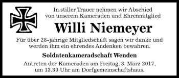 Traueranzeige von Willi Niemeyer von Die Harke