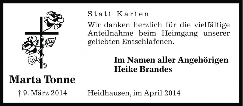  Traueranzeige für Marta Tonne vom 12.04.2014 aus Die Harke