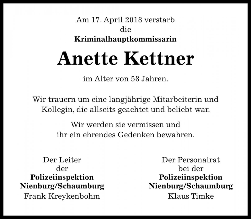  Traueranzeige für Anette Kettner vom 24.04.2018 aus Die Harke