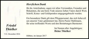 Traueranzeige von Fritz Thielker von Die Harke