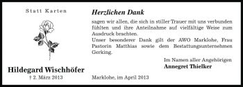 Traueranzeige von Hildegard Wischhöfer von Die Harke