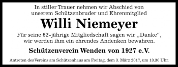 Traueranzeige von Willi Niemeyer von Die Harke