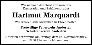 Traueranzeige von Hartmut Marquardt von Die Harke
