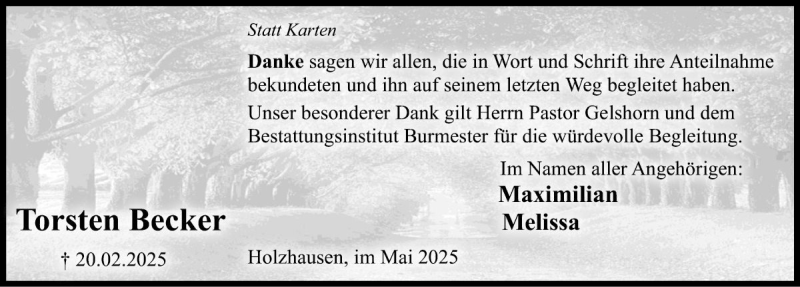  Traueranzeige für Torsten Becker vom 17.05.2025 aus Die Harke