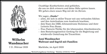 Traueranzeige von Wilhelm Wandmacher von Die Harke