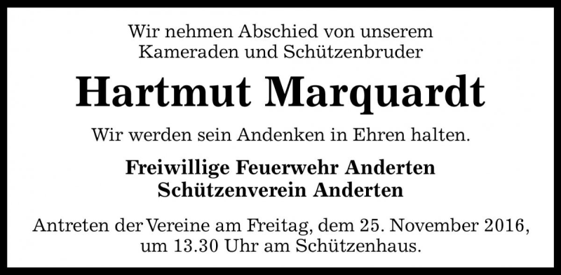  Traueranzeige für Hartmut Marquardt vom 23.11.2016 aus Die Harke