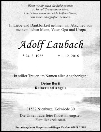 Traueranzeige von Adolf Laubach von Die Harke