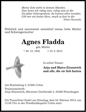 Traueranzeige von Agnes Fladda von Die Harke