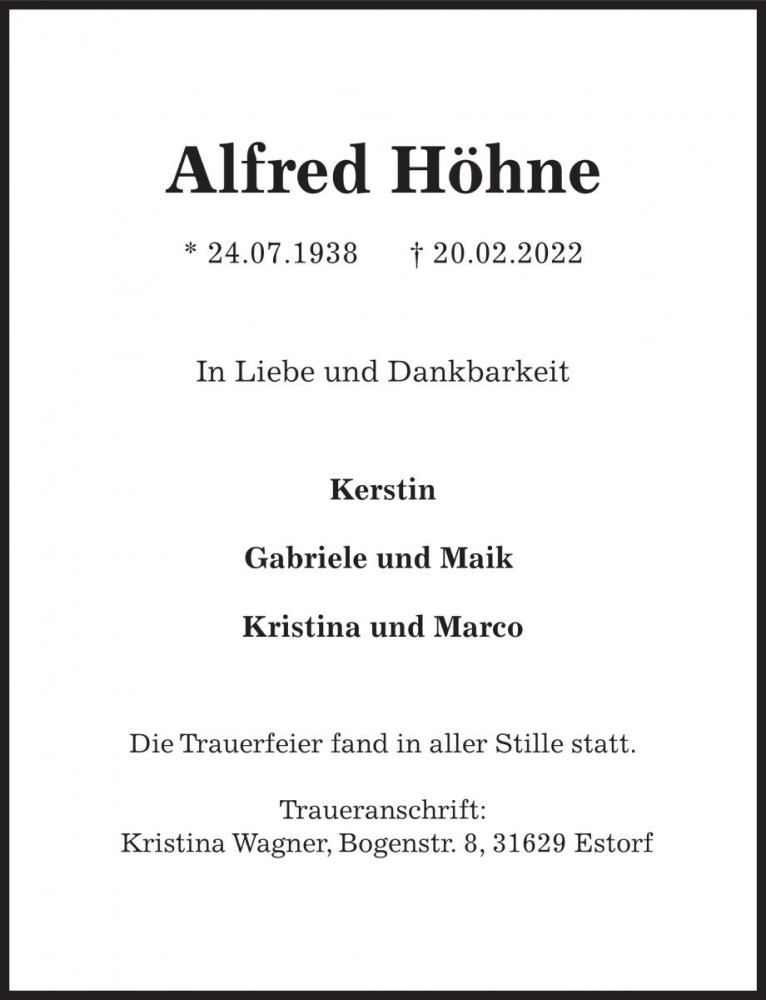  Traueranzeige für Alfred Höhne vom 26.02.2022 aus Die Harke