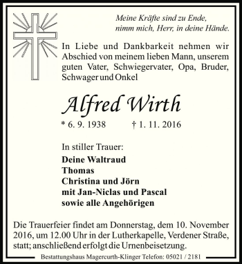 Traueranzeige von Alfred Wirth von Die Harke