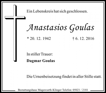 Traueranzeige von Anastassios Goulas von Die Harke
