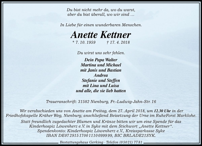  Traueranzeige für Anette Kettner vom 21.04.2018 aus Die Harke