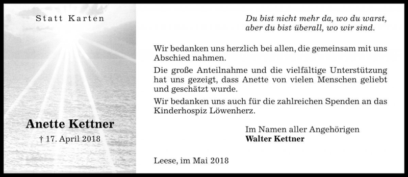  Traueranzeige für Anette Kettner vom 26.05.2018 aus Die Harke