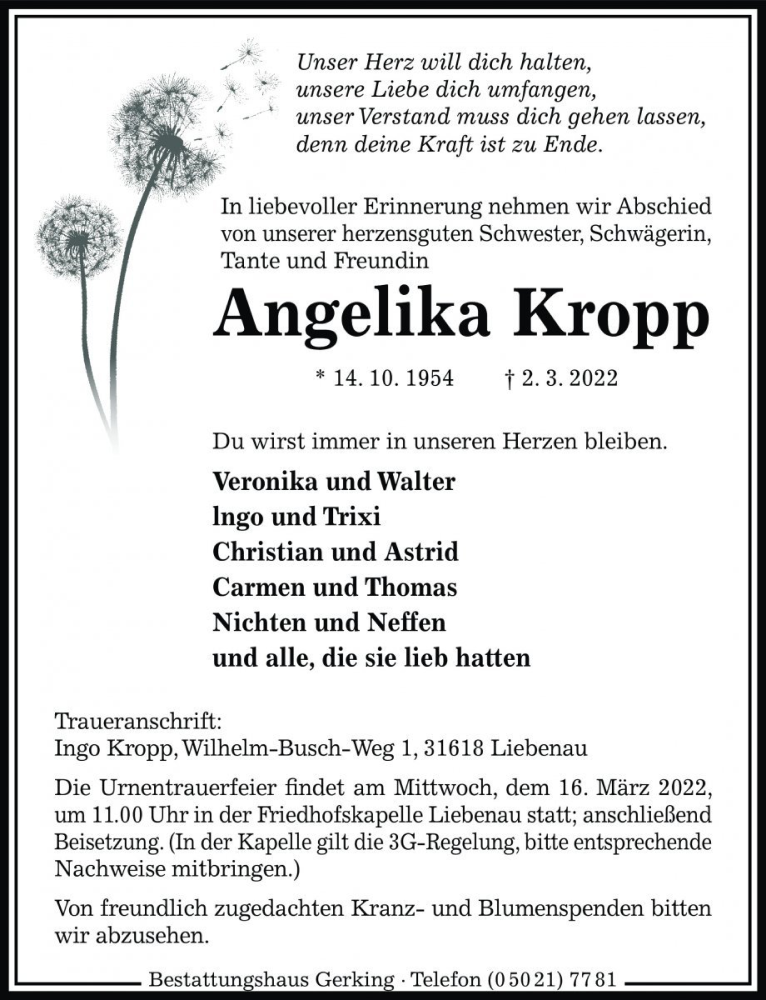  Traueranzeige für Angelika Kropp vom 12.03.2022 aus Die Harke