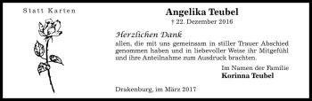 Traueranzeige von Angelika Teubel von Die Harke