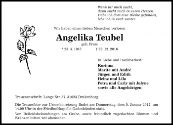 Traueranzeige von Angelika Teubel von Die Harke