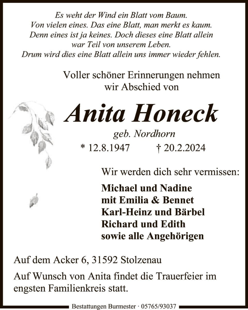  Traueranzeige für Anita Honeck vom 28.02.2024 aus Die Harke