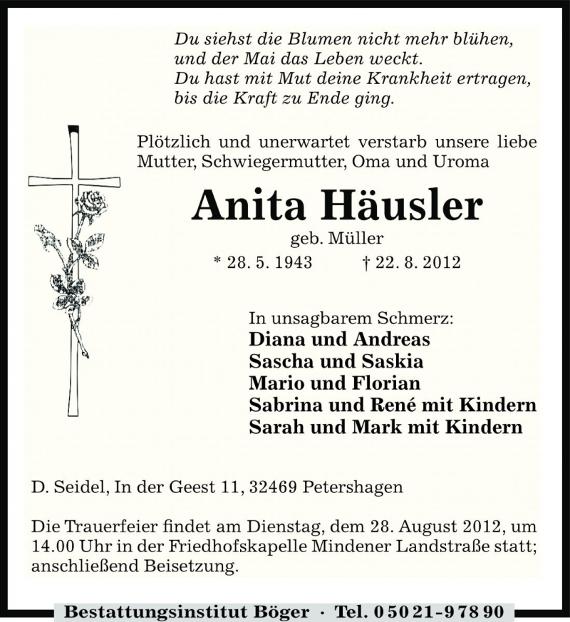  Traueranzeige für Anita Häusler vom 25.08.2012 aus Die Harke