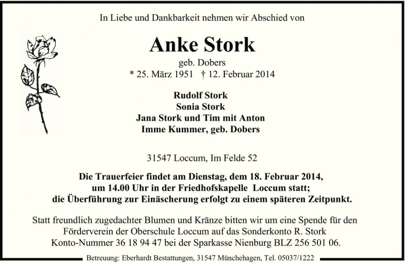  Traueranzeige für Anke Stork vom 15.02.2014 aus Die Harke
