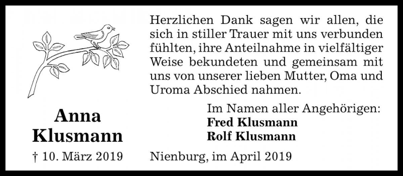  Traueranzeige für Anna Klusmann vom 20.04.2019 aus Die Harke