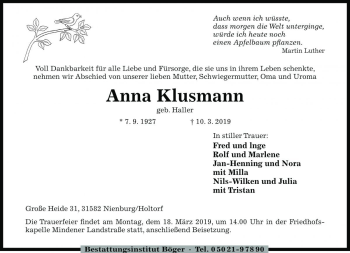 Traueranzeige von Anna Klusmann von Die Harke