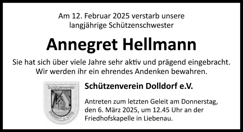  Traueranzeige für Annegret Hellmann vom 01.03.2025 aus Die Harke