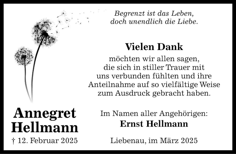  Traueranzeige für Annegret Hellmann vom 29.03.2025 aus Die Harke
