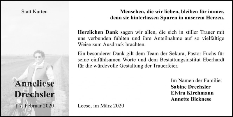  Traueranzeige für Anneliese Drechsler vom 07.03.2020 aus Die Harke