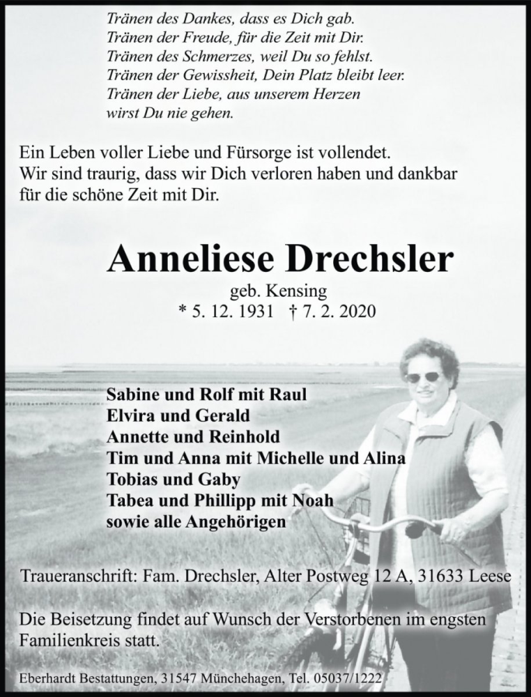  Traueranzeige für Anneliese Drechsler vom 15.02.2020 aus Die Harke