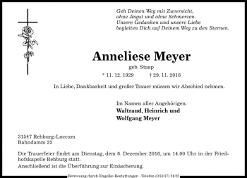 Traueranzeige von Anneliese Meyer von Die Harke