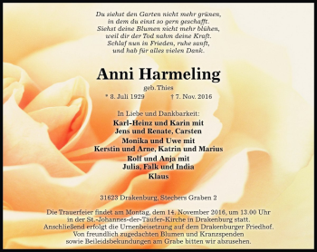 Traueranzeige von Anni Harmeling von Die Harke