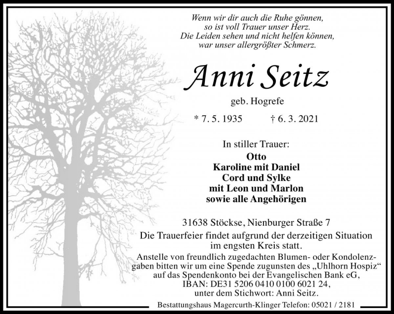  Traueranzeige für Anni Seitz vom 10.03.2021 aus Die Harke