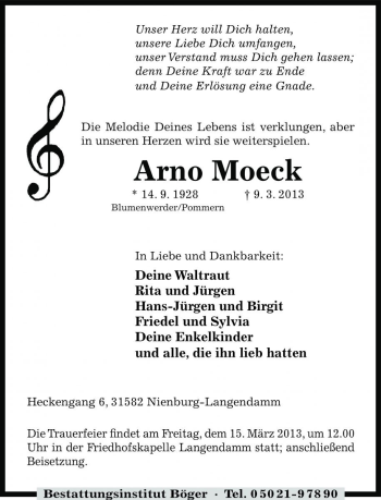 Traueranzeige von Arno Moeck von Die Harke
