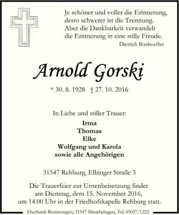 Traueranzeige von Arnold Gorski von Die Harke