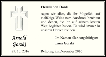 Traueranzeige von Arnold Gorski von Die Harke