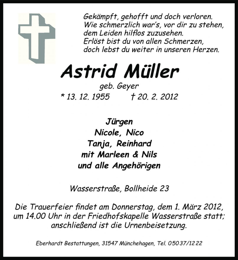  Traueranzeige für Astrid Müller vom 25.02.2012 aus Die Harke