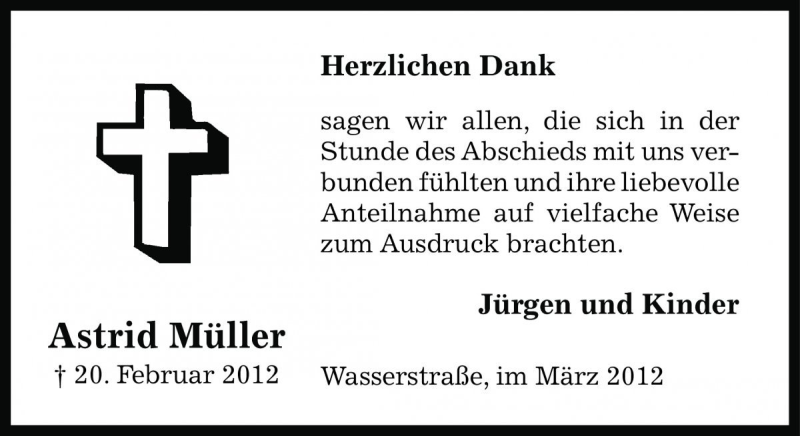  Traueranzeige für Astrid Müller vom 17.03.2012 aus Die Harke