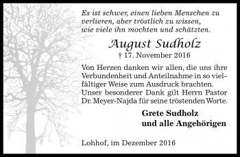 Traueranzeige von August Sudholz von Die Harke