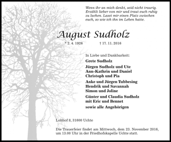 Traueranzeige von August Sudholz von Die Harke
