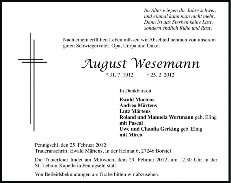  Traueranzeige für August Wesemann vom 27.02.2012 aus Die Harke