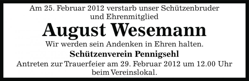  Traueranzeige für August Wesemann vom 28.02.2012 aus Die Harke