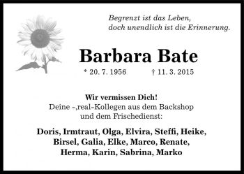 Traueranzeige von Barbara Bate von Die Harke
