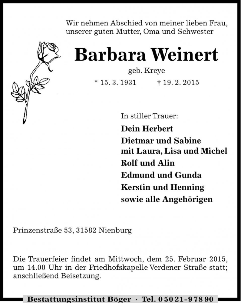  Traueranzeige für Barbara Weinert vom 21.02.2015 aus Die Harke