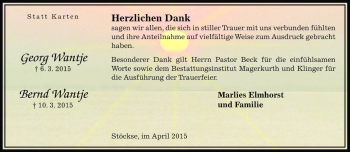 Traueranzeige von Bernd Wantje von Die Harke