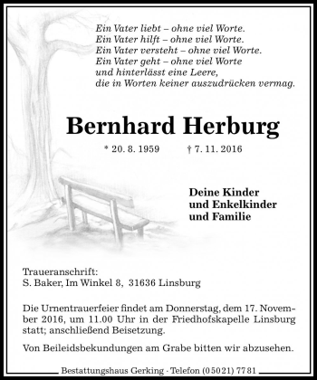Traueranzeige von Bernhard Herburg von Die Harke