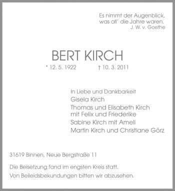 Traueranzeige von Bert Kirch von Die Harke