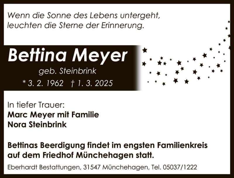  Traueranzeige für Bettina Meyer vom 08.03.2025 aus Die Harke